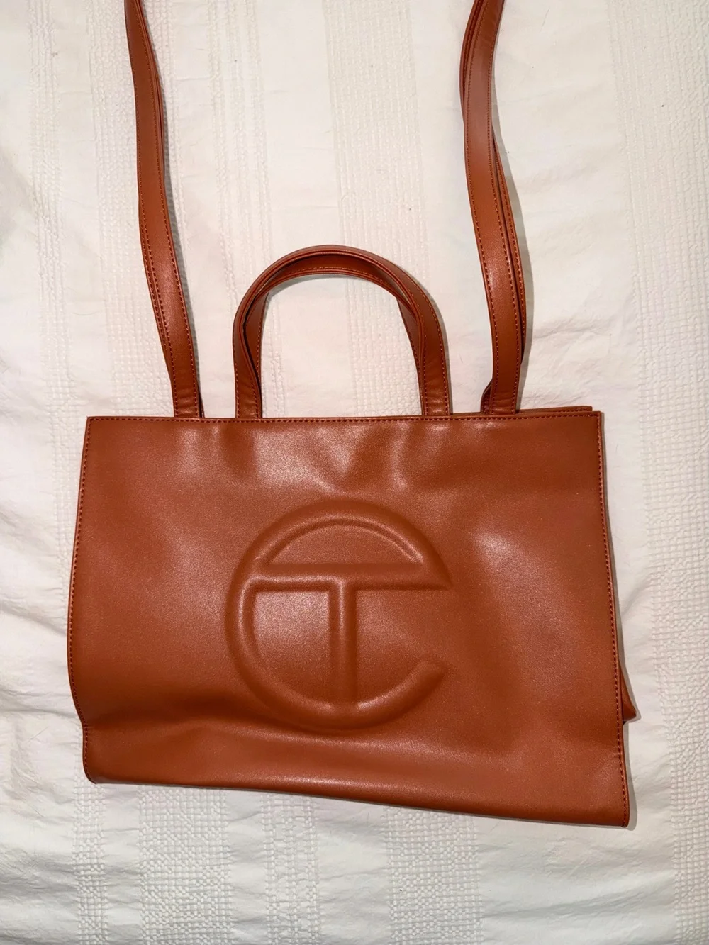 Telfar Leather Medium Cognac Brown Logo-Embossed Shopper Tote